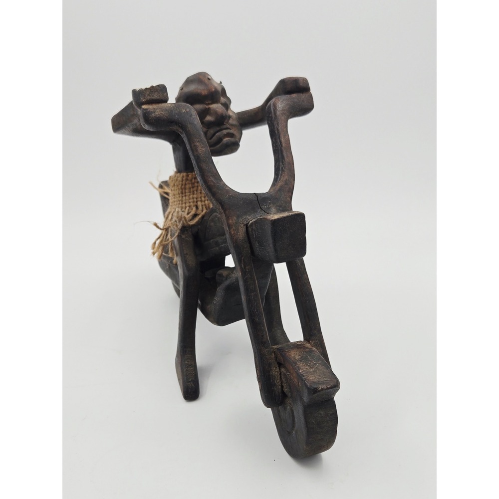 Vintage Hand Carved Wood Motorcycle Rider Sculpture Tribal Biker Folk Art Statue